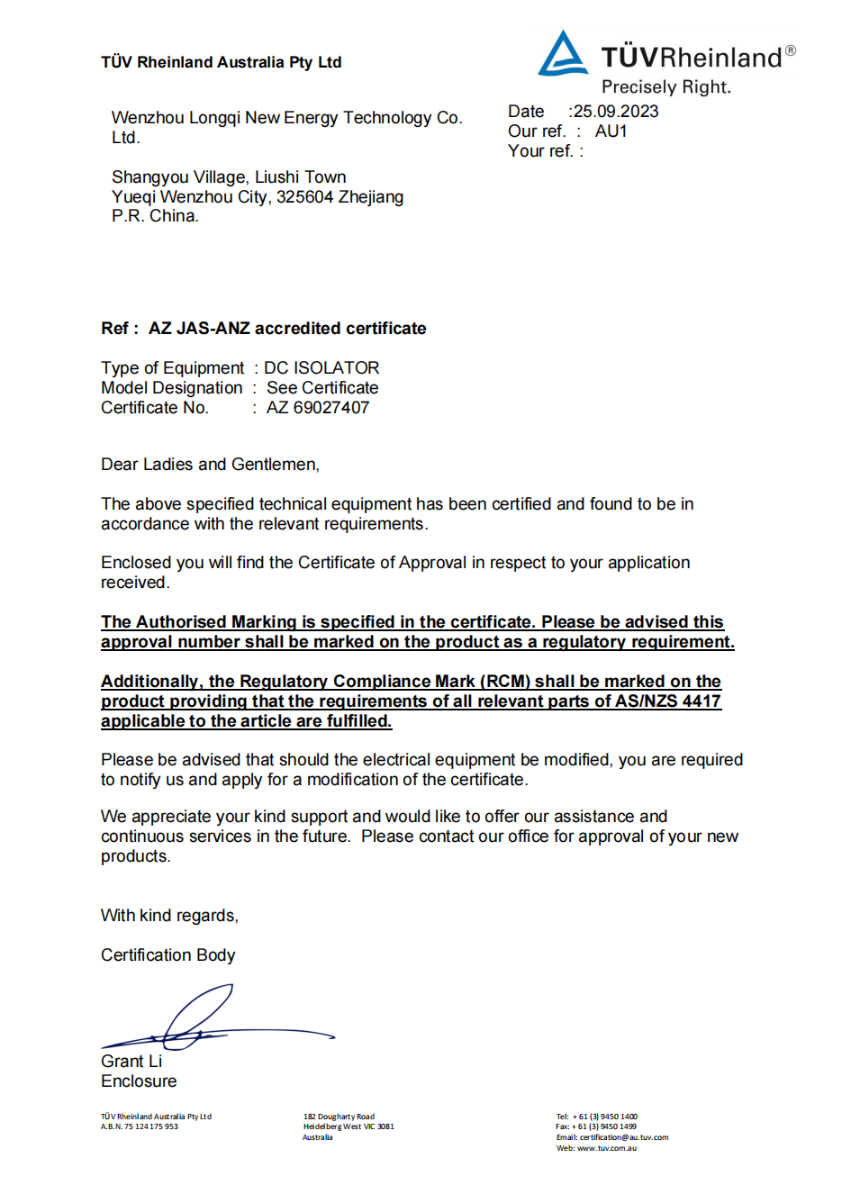 Wenzhou Nijani New Energy Technology Co., Ltd. Receives Globally Recognized TUV Certification for PV Switch - Disconnector, Pioneering a New Era of Photovoltaic Safety!